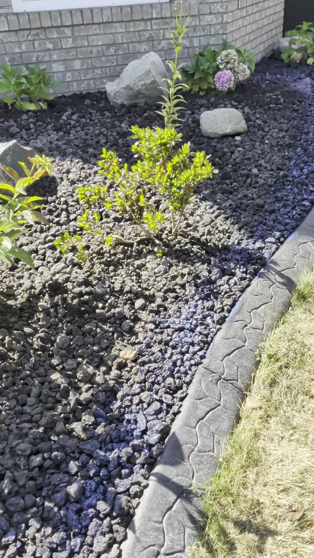 A refreshed garden bed with fresh dark rock and a clean curb line after an Ironwood Grounds bed refresh