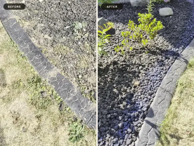 The same garden bed before and after an Ironwood Grounds cleanup: weeds and faded rock cleared, fresh dark rock and a clean curb line