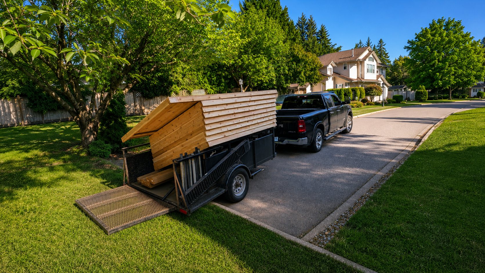 A pickup and trailer loaded with a fresh stack of western red cedar fence panels arriving on a Peninsula street