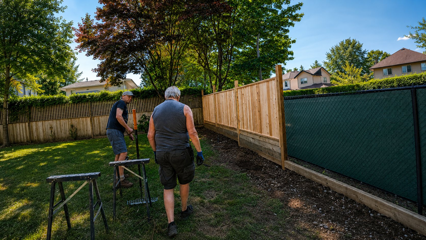 Two builders installing a run of western red cedar fence board by board along a backyard line